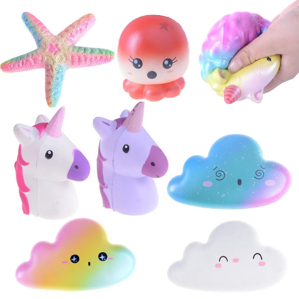 

Cute Soft Squeeze Strap Scented Cake Bread Kid Toy Fun Gift Unicorn Cat Face Emoji Cloud Rainbow Star Squishy Slow Rising
