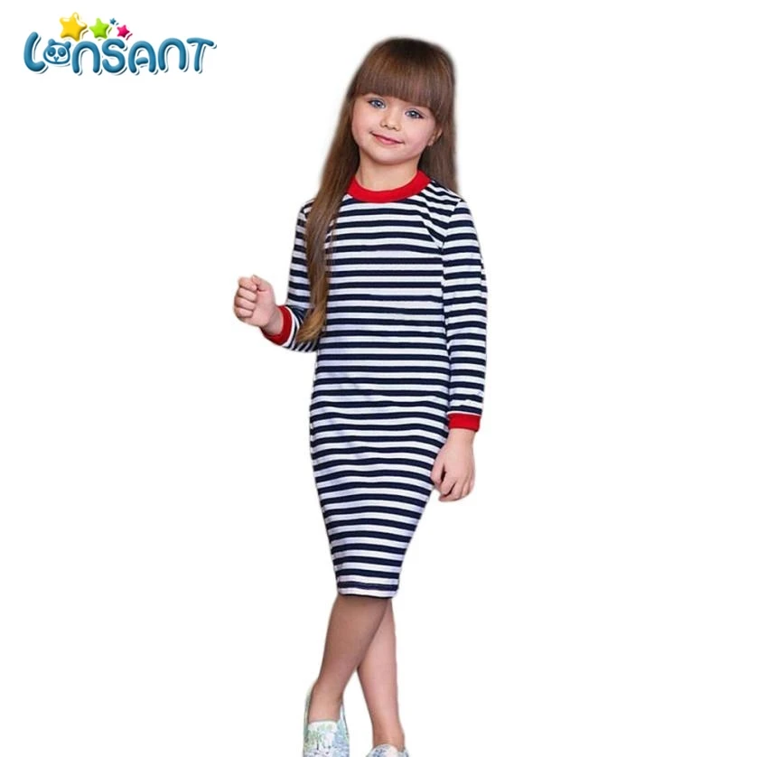 LONSANT, новые детские платья в полоску с длинными рукавами для девочек, одежда для девочек, модные платья для девочек, vestido de festa infantil