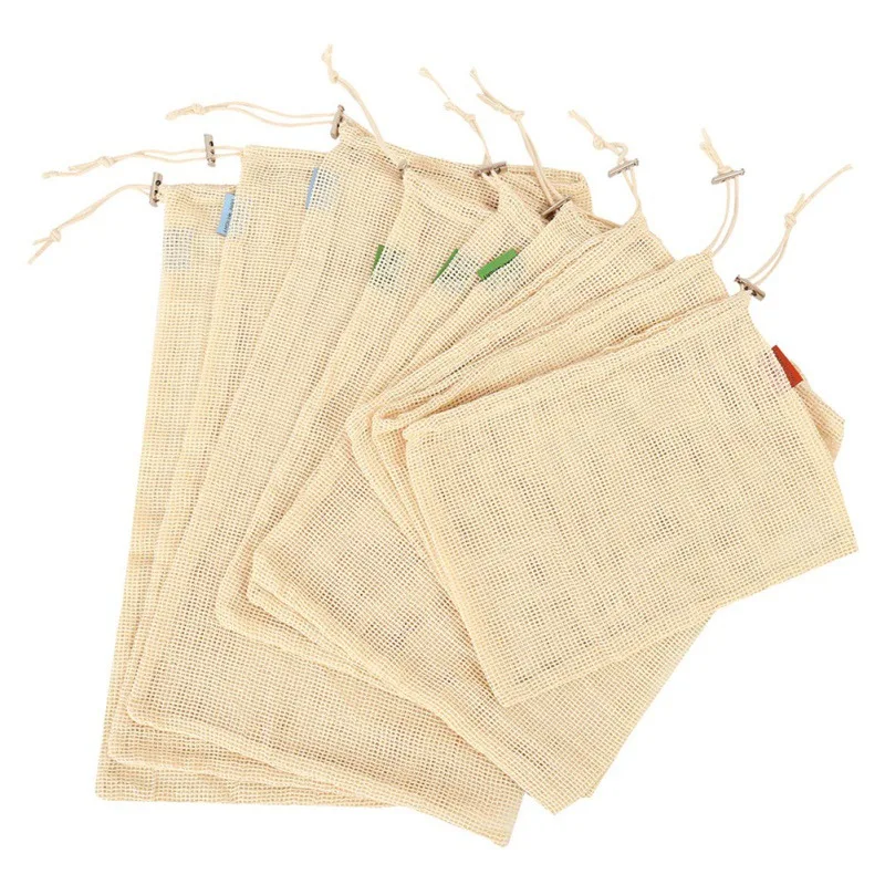 

Multi-size Cotton Mesh Vegetables Storage Bags For Kitchen Eco-friendly Fruit Organization Bag Reusable Drawstring Shopping Bag