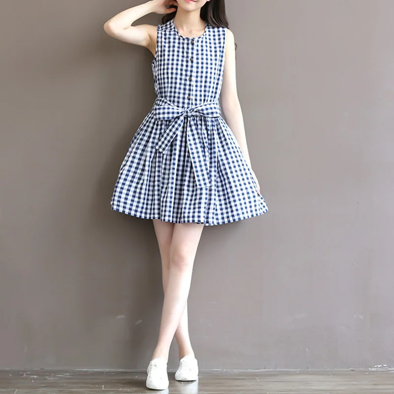 Round Neck Bow Belt Plaid Maxi Dresses Round Neck Bow Belt Plaid Maxi Dresses