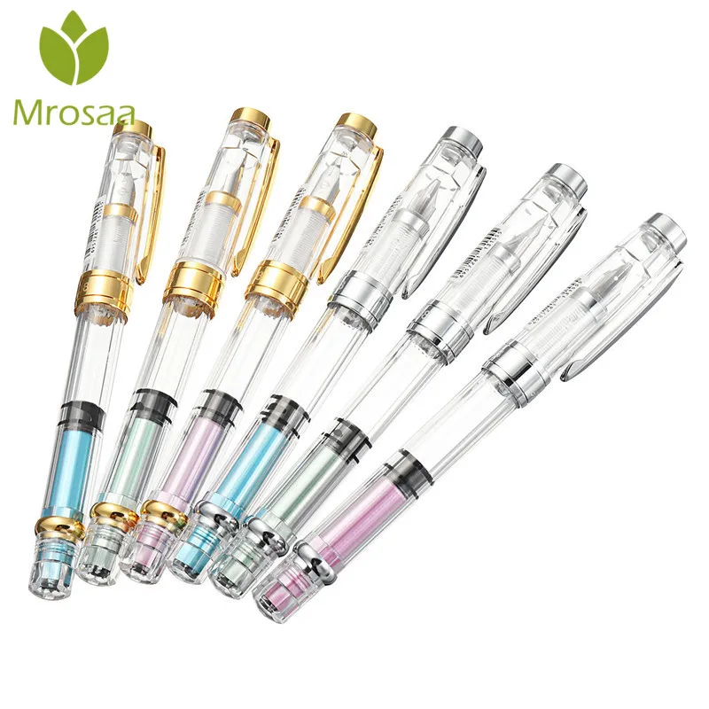 

Mrosaa Fashion Brief Transparent Fountain Pen Gold or Silver Clip Colorful Ink Pens Student School Supplies Stationery
