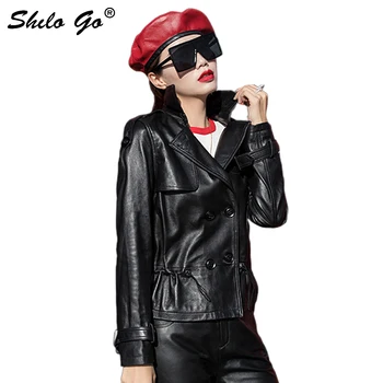 

Streetwear Leather Jacket Women Turn Down Double Breasted Elastic Waist Sheepskin Genuine Leather Coat Casual Female Outwear