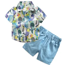 Kids cartoon parrot t shirt+blue shorts set kids seaside vacation clothes children’s outwear gentleman clothing suit 17A801