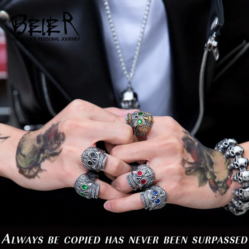 BEIER Stainless Steel Gothic gold Carving kapala skull mask Ring Biker Hiphop rock Jewelry Unique fashion Gift for men BR8-327 - Image 6