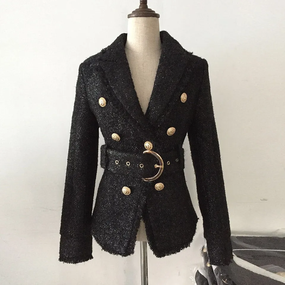 Мода 2018 осень зима дизайнер Тонкий Блейзер Куртка женская серебряный блеск полосный пояс Винтаж Пальто