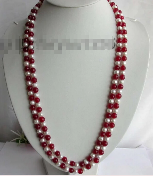 

HE4507 UH65 shipping longest 60" Natural White Pearl Red Jade Necklace! (A0502)
