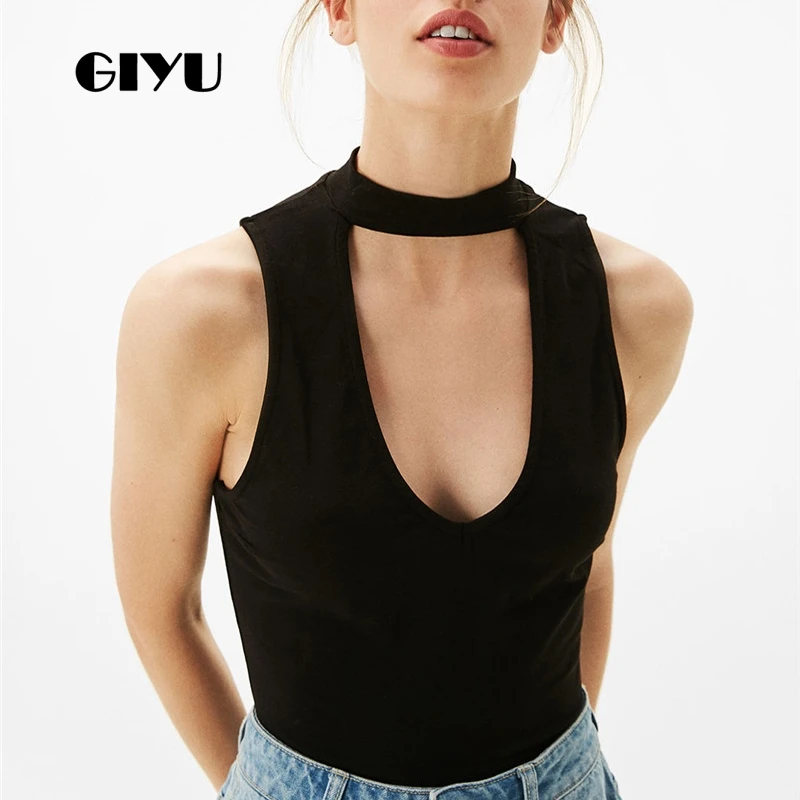 

GIYU Summer Solid Skinny T Shirt Women Sleeveless Tee Sexy Hollow Out Halter Tshirts Casual Tops Female 2019 camiseta mujer