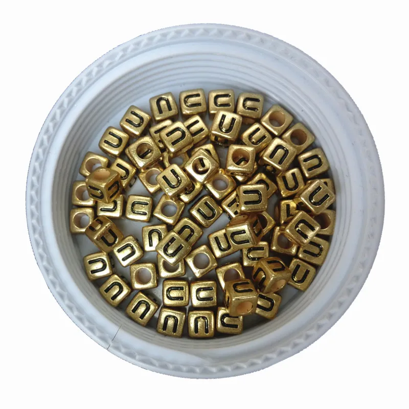 

Wholesale 2600PCS Single Letter U Printing Acrylic Jewelry Beads 6*6MM Cube Plastic Gold Tone Alphabet Beads with Big Hole