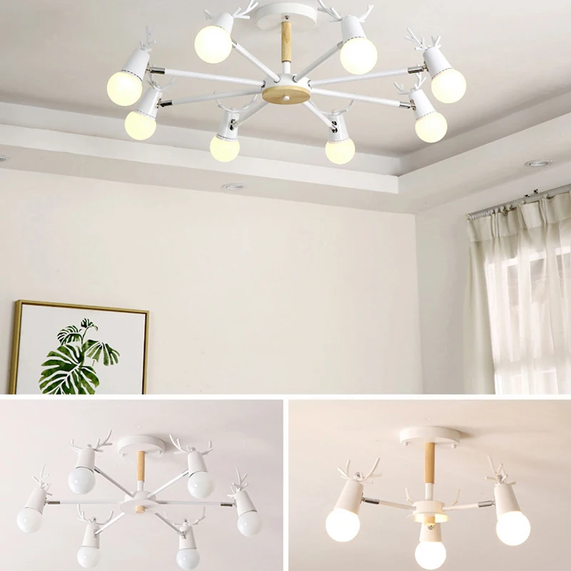  Nordic modern minimalist E27 multi- head antler chandelier restaurant bedroom study metal /wood lam - 4000022148655
