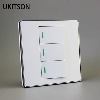 

White Wall Push Button Switcher 3 Gang 2 Way Light Control Panel Silver Edge Electric Control
