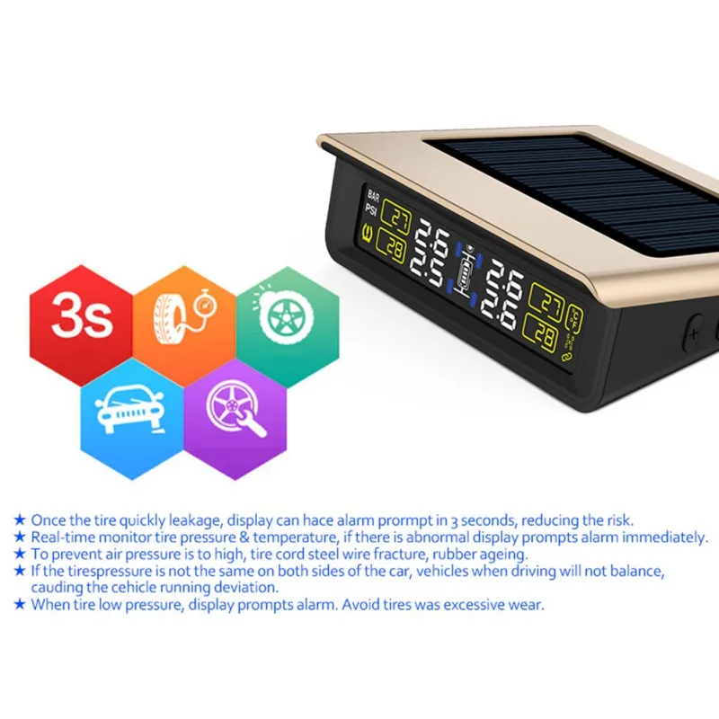 

TPMS Tyre Pressure PSI/BAR 7801 LCD 4 Sensor Solar Car System External TPMS 9449 battery Replaceable Monitoring Wireless