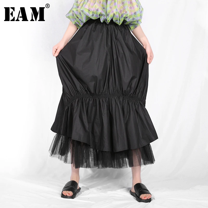 

[EAM] 2019 New Spring Summer High Elastic Waist Black Pleated Mesh Split Joint Temperament Half-body Skirt Women Fashion JU83