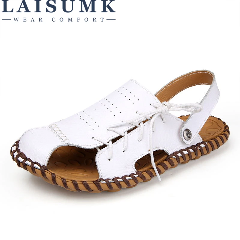 

LAISUMK Brand Breathable Sandals Men Shoes Real Leather Sandals Shoes Men Sandals Non Slip Beach Summer Slippers Men Big Size