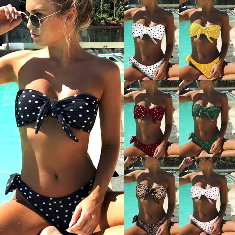 

Womens Polka Dot Bandeau Bikini Push-up Padded Swimwear Swimsuit Bathing Suit 2PCS Set Bandage Knotted beachwear