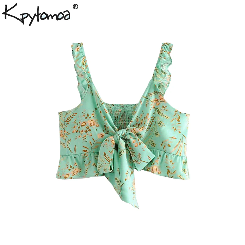 

Boho Chic Summer Short Tops Vintage Floral Print Camis Women 2019 Fashion Bow Tie Ruffles Back Elastic Beach Shirts Blusas Mujer