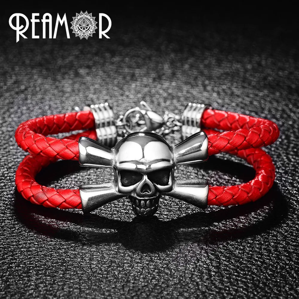 

REAMOR 316L Stainless Steel Male Bracelet Pirate Skull Head Bracelet Trendy Skeleton Adjustable Braided Leather Rope Bangles Men