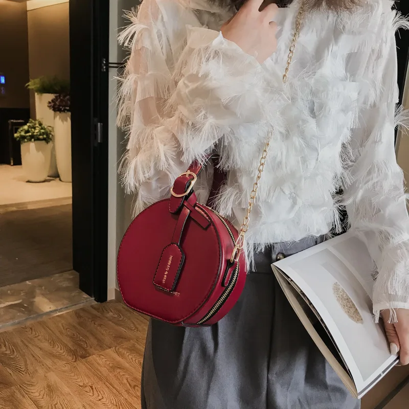 

Women's Bag 2019 New Small Round Bag Pure Color Leisure Handbag Chic Wind Single Shoulder Slant Bag