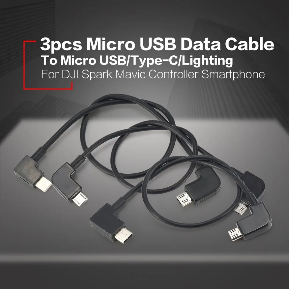 3 шт. Micro USB кабель для передачи данных линии для освещения/Тип C/Micro USB для DJI Spark Mavic Pro воздушный контроллер для iPhone Xiaomi смартфон