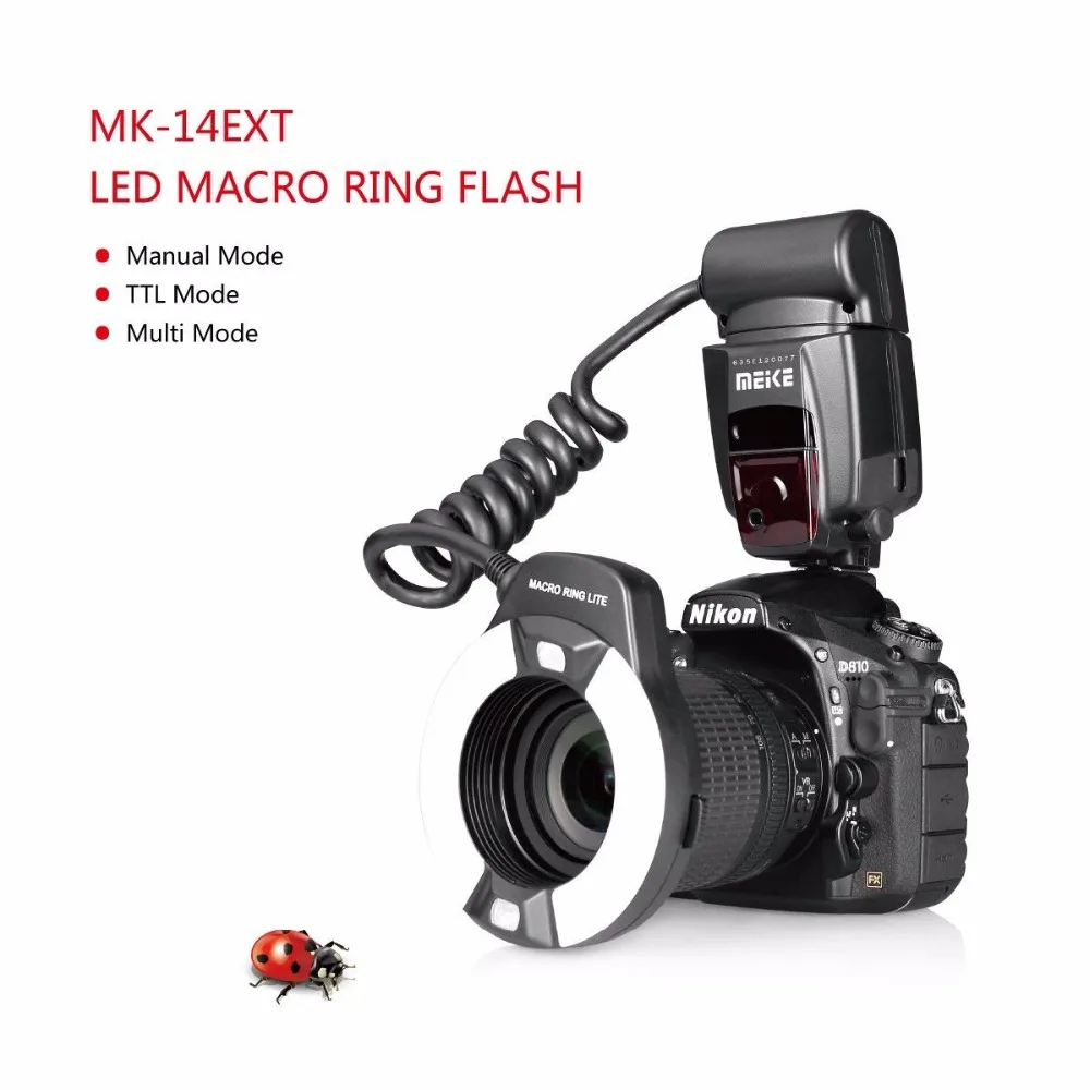 Meike MK-14EXT i-ttl Кольцевая вспышка для макросъемки для Nikon D7100 D7000 D5200 D5100 D5000 D3200 D3100 D90 D300S D600 с светодиодный фокуса