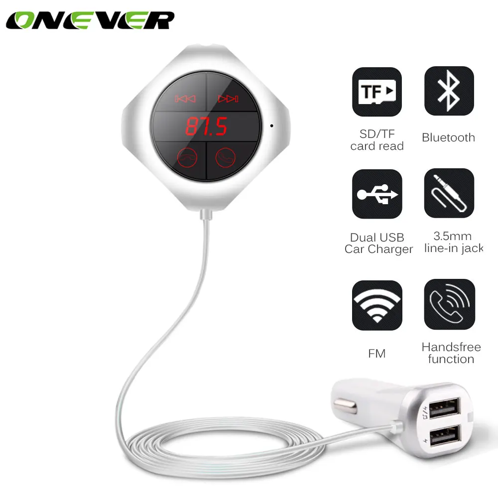 

Onever FM Transmitter Bluetooth Handsfree Car Kit with Magnetic Base SD/TF Card Read MP3 Player Dual USB Charger For Phone DVR