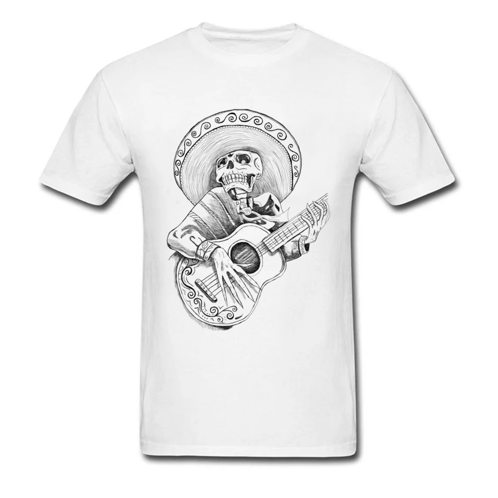 Mexican Mariachi singing skull Tops Tees New Design Crewneck Family Short Sleeve 100% Cotton Fabric Men Top T-shirts Tshirts Mexican Mariachi singing skull white