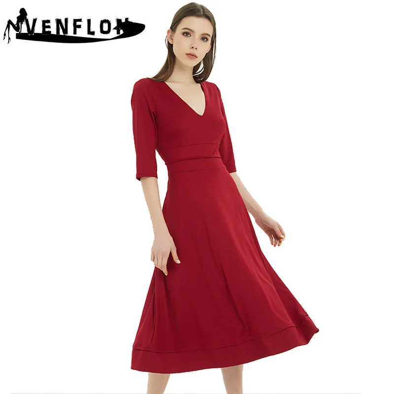 VENFLON Women Autumn Winter Dress 2019 Plus Size Casual Elegant Ball Gown Female Sexy V-Neck Black and White Long Dress