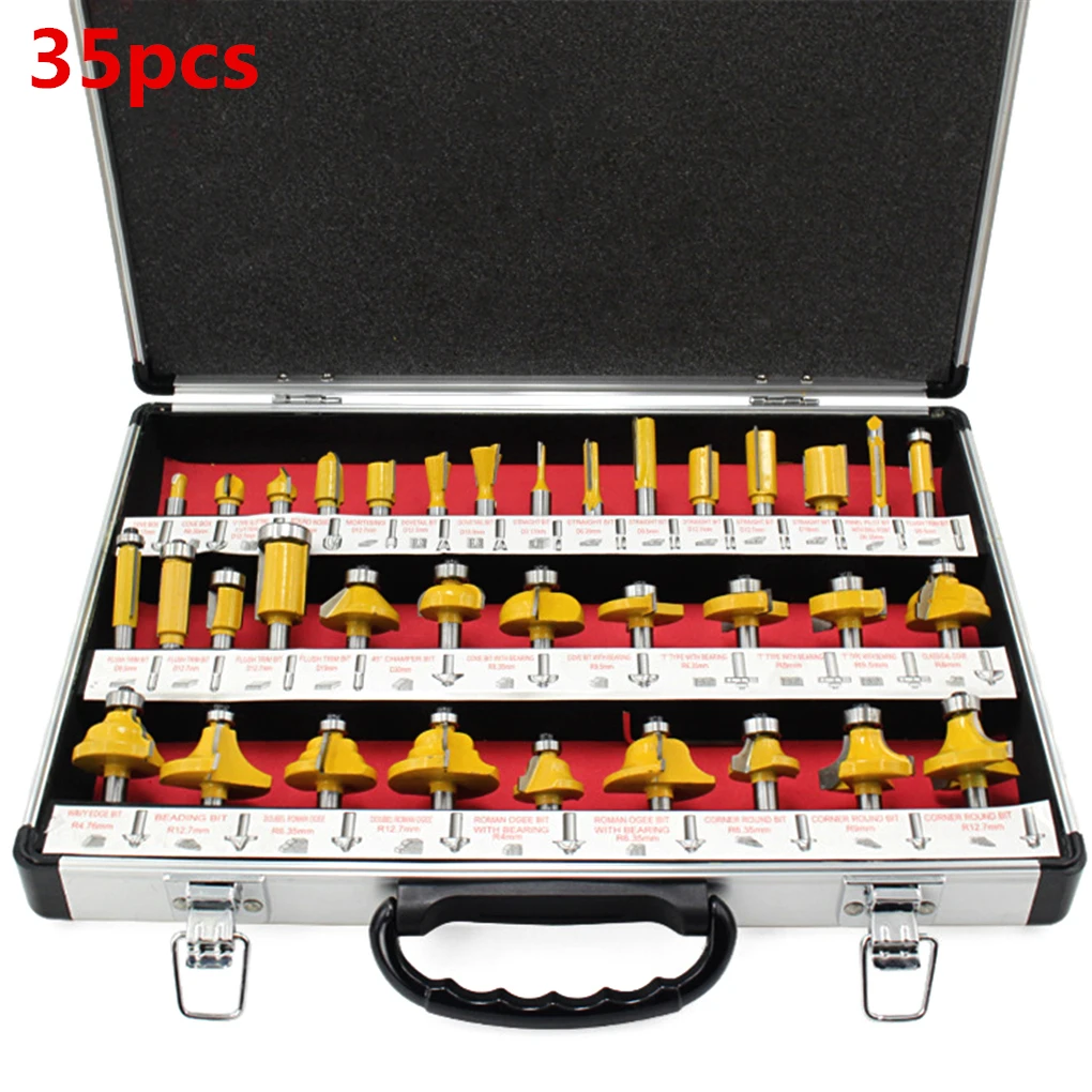 

35pcs 1/4" Shank Tungsten Carbide Router Bit Set Wood Woodworking Cutter Trimming Knife Forming Milling w/ Wood Case box