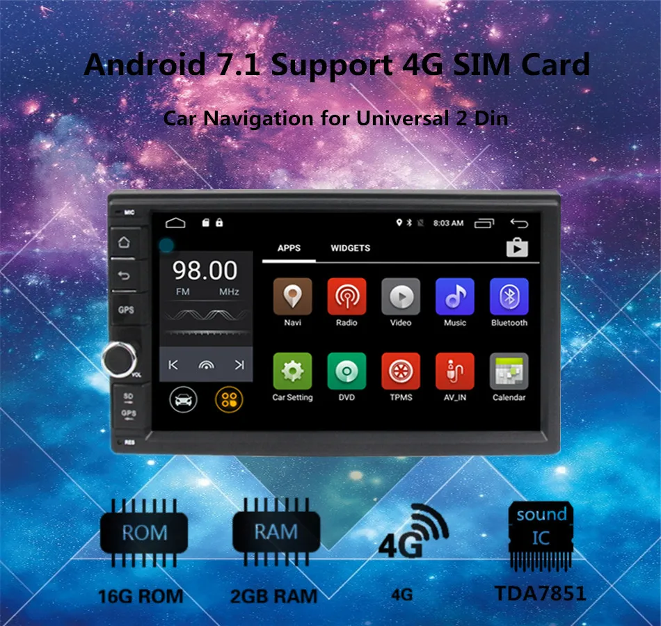 Perfect HD 1024X600 Android 7.1 Quad Core 16GB Flash Universal Double 2 din 2Din Car dvd player Stereo GPS Navigation Radio DDR3 4G Wifi 7