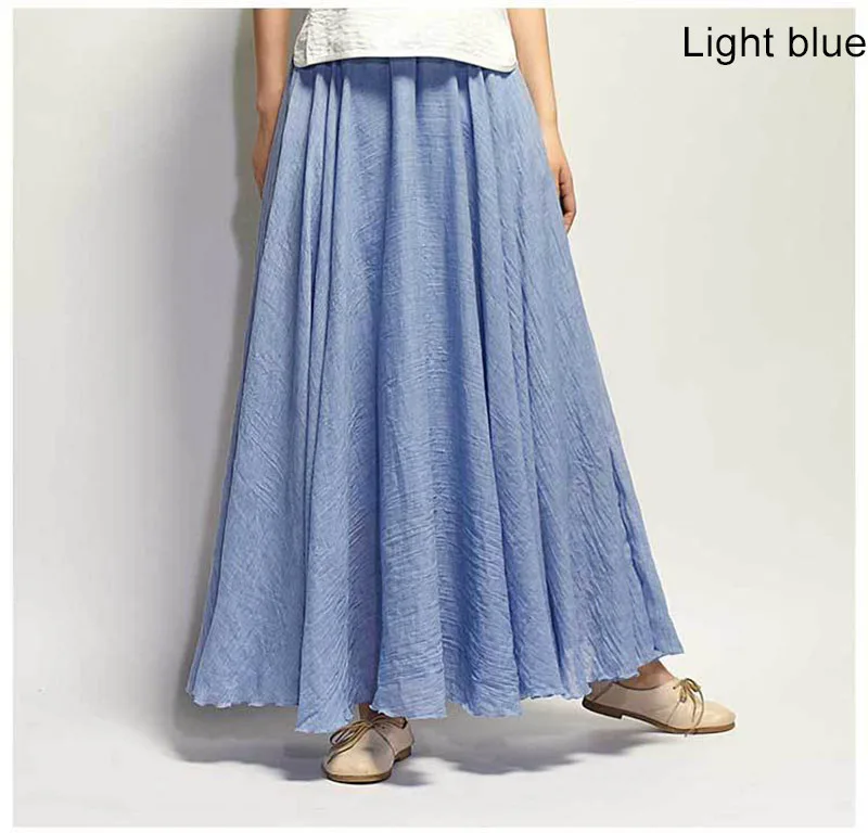 Японский стиль, Однотонная юбка с высокой талией для женщин, женские макси юбки, повседневные, эластичная резинка на талии, 2 слоя, красные, льняные, длинные юбки, saias P1 - Цвет: Light blue