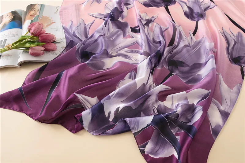 Новая брендовая фиолетовая пляжная шаль с большим цветочным принтом и Дизайнерские шарфы шелковый шарф женская накидка для пляжа бандана