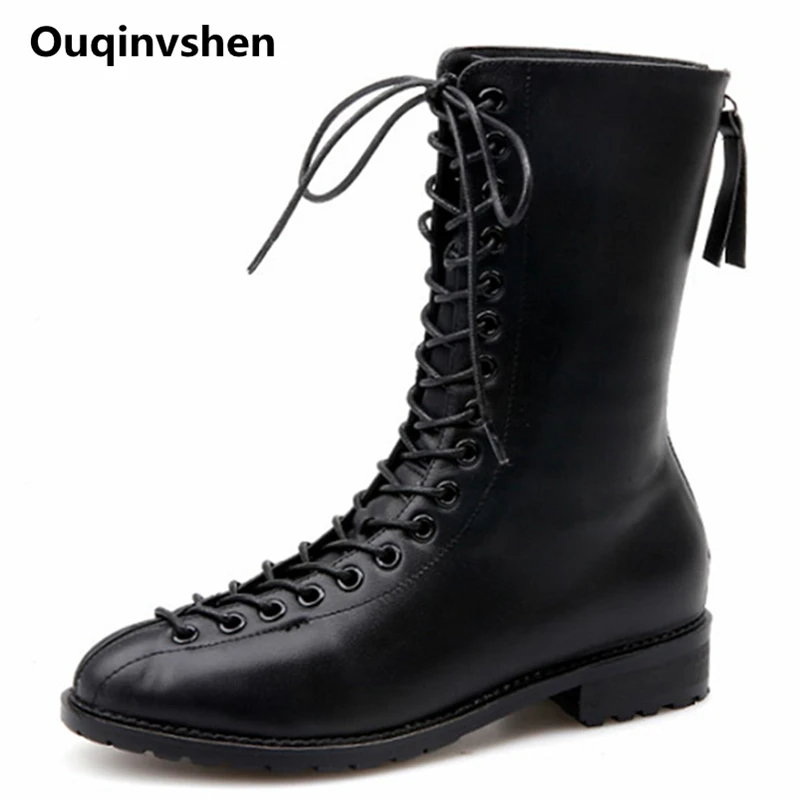 

Ouqinvshen Cross-tied Fashion Martin Boots Spring Winter Zipper Square Heels Casual Shoes Women Round Toe Ankle Boots For Women
