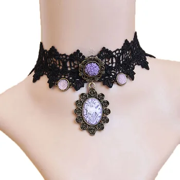 

Womens New Handmade Purple Cameo Flower Rose Resin Pendant Alloy Black Lace Choker Short Necklace Party Collar Gothic Vintage