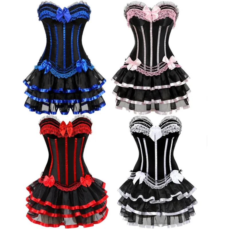 

Women Sexy Burlesque Overbust Corset Bustier Top With Mini TuTu Skirt Fancy Dresses Costume Sexy Gothic Corsets Dress