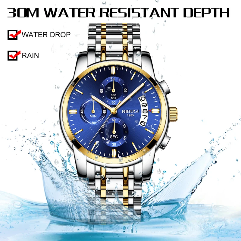 NIBOSI Mens Watches Luxury Brand Military Sport Gold Watch Men Business Wristwatch Chronograph Quar