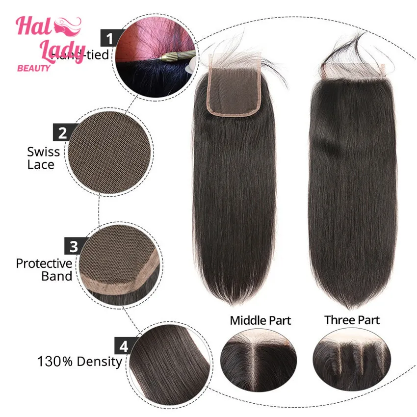 4X4 Brazilian Human Hair Straight Closure PrePlucked Middle Free Part Lace Closure with Baby Hair Non-Remy
