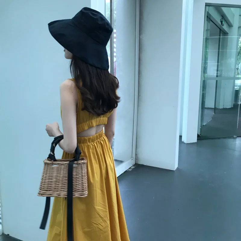 

Women Summer Cotton Yellow Sexy Backless Slim Waist Long Pleated Tank Dress Female Bodycon Sun Vestidos Robe Femme Ete Jurken