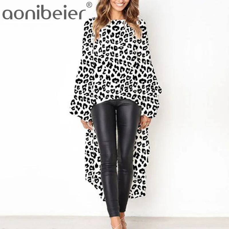 

Aonibeier Women Asymmetric Tops Spring Autumn Fashion Long Sleeve Crew Neck High Low Blouses Loose Female Leopard Blouses