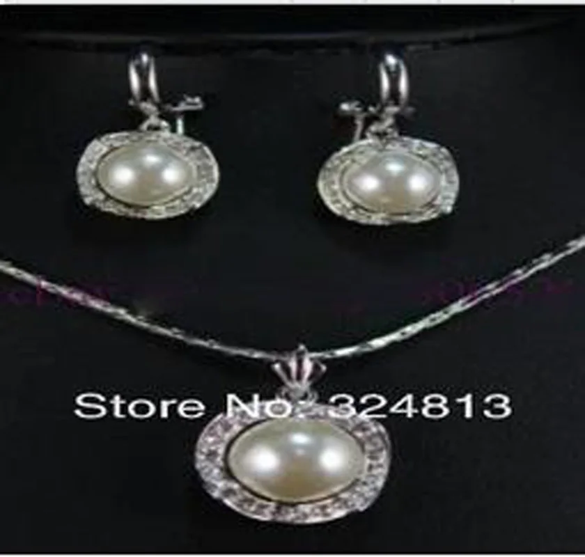 

High-quality grace excellent New pretty Asian white sea shell pearl CZ hangle Earring Necklace AA265