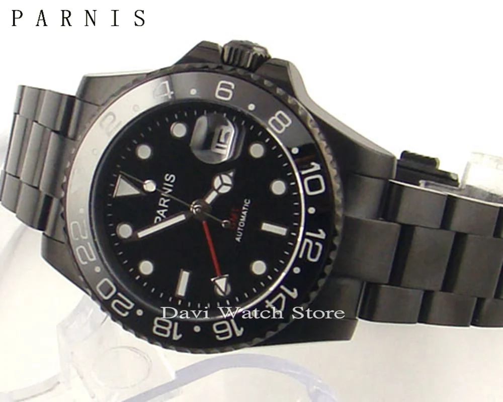 

Parnis 40mm stainless steel black case GMT Ceramic Bezel sapphire automatic mens watch