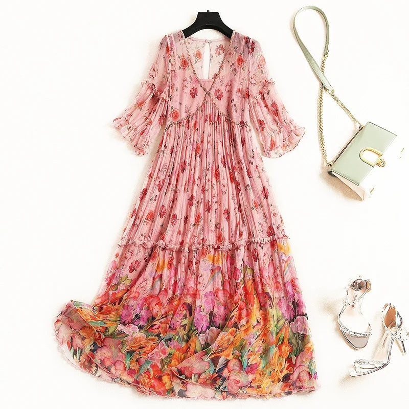 

Shuchan Natural Silk Dress Boho Long Maxi Dress for Women Vestidos Largos De Verano Women Designer Dresses 2019 Summer 11523