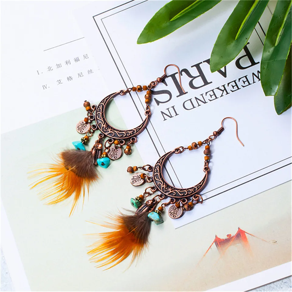 

Newest brown color long feather earrings jewelry Bohemian exaggeration big round circle earring Ethnic beads stones leaf earing
