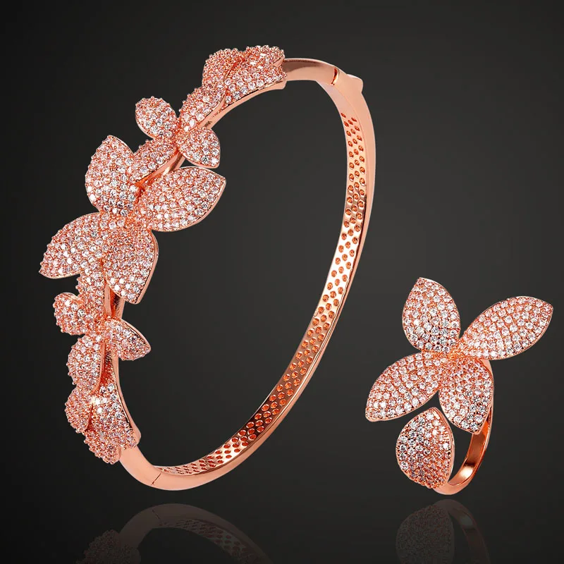 

Zlxgirl Europe Brand jewelry sets nice Rose flower bangle and ring wedding Bridal accessories sets love chain bangle and couple
