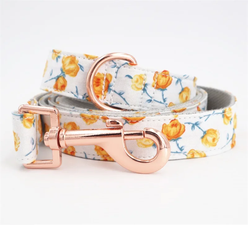 girl dog collar and leash set with flower for big and small dog cotton fabric collar rose gold metal buckle