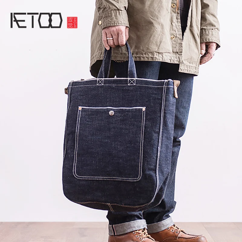 

BJYL Woven denim tannin handbag retro men's shoulder crossbody bag large capacity handbag