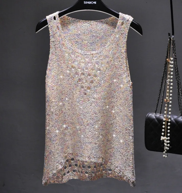 2022 Summer sexy hollow out knitted tank tops women shiny gold Silver sequined tank tops women bling bling shiny knited vest top