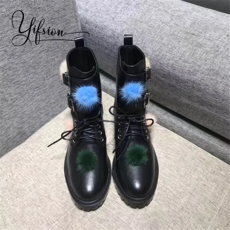 

OLOME New Fashion Black Genuine Leather Boots Women Round Toe Lace Up Buckle Strap Women Autumn Winter Boots Shoes Woman