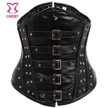 

Studded Rivet & Buckled Black Leather Corset Underbust Steampunk Corselet Steel Boned Waist Slimming Corsets Korsett For Women