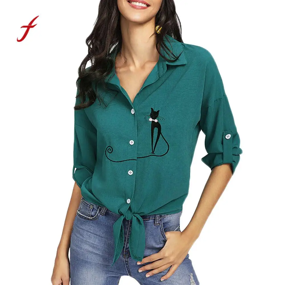 Feitong, Новое поступление, женская шифоновая блузка с вышивкой в виде кота, Узкая рубашка, облегающая блузка с длинным рукавом, топы, Camisas Mujer/PY
