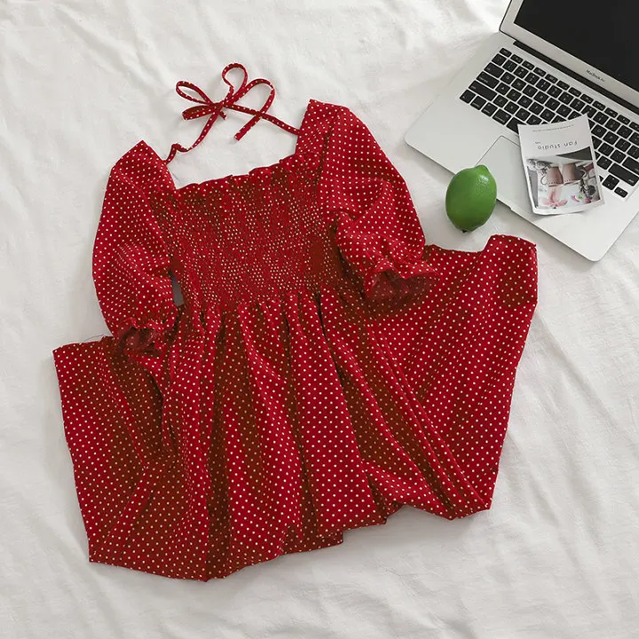 Women Dress Женское летнее шифоновое платье в горошек с квадратным воротником и рукавом-фонариком, винтажное эластичное облегающее платье-пуловер средней длины - Цвет: Women Dress