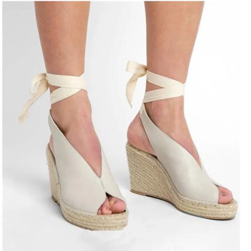

2019 Suede Leather Women Sandals Shoes Weave Wedge Heels Peep Toe High Heels Platform Pumps Lace Up Bandage Girl Sandals